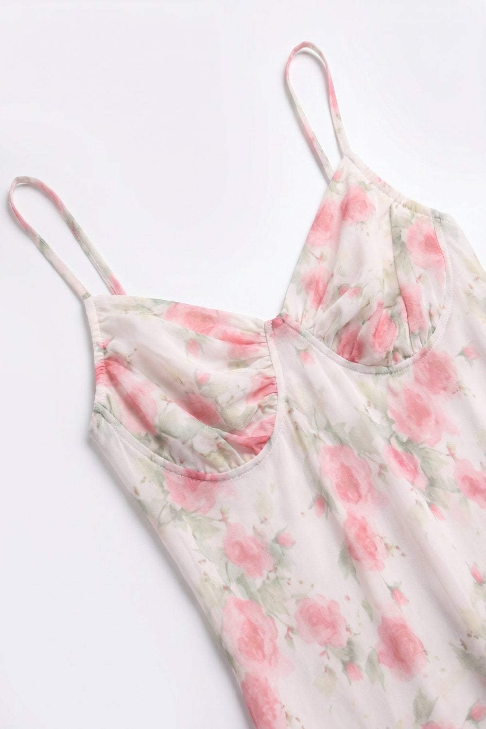 UNIKCOSA Cream Floral Print Ruched Bust Maxi Dress in mesh fabric