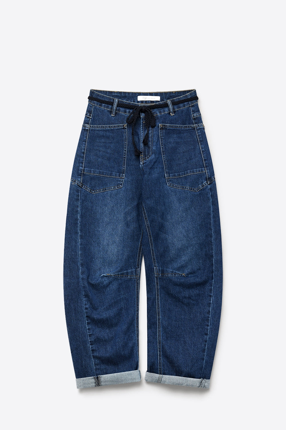 UNIKCOSA Dark wash Drawstring Waist jeans with Rolled Cuff and Wide Leg