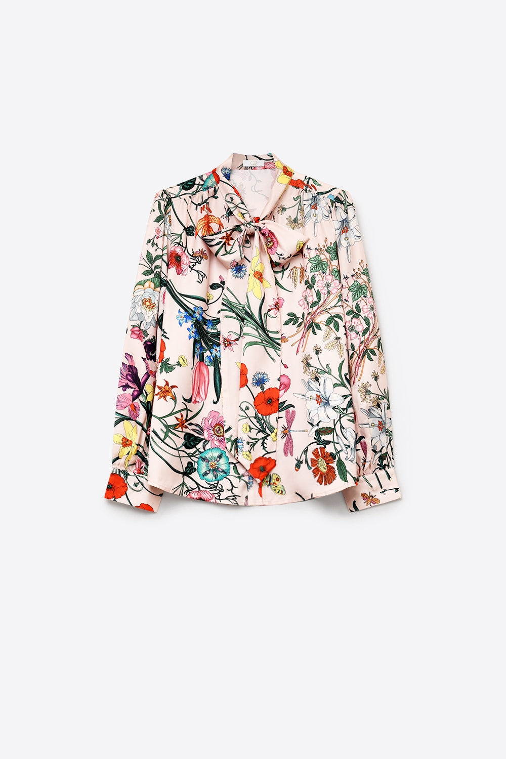 UNIKCOSA Light Pink Floral Print Satin Pussy Bow Long Sleeve Blouse