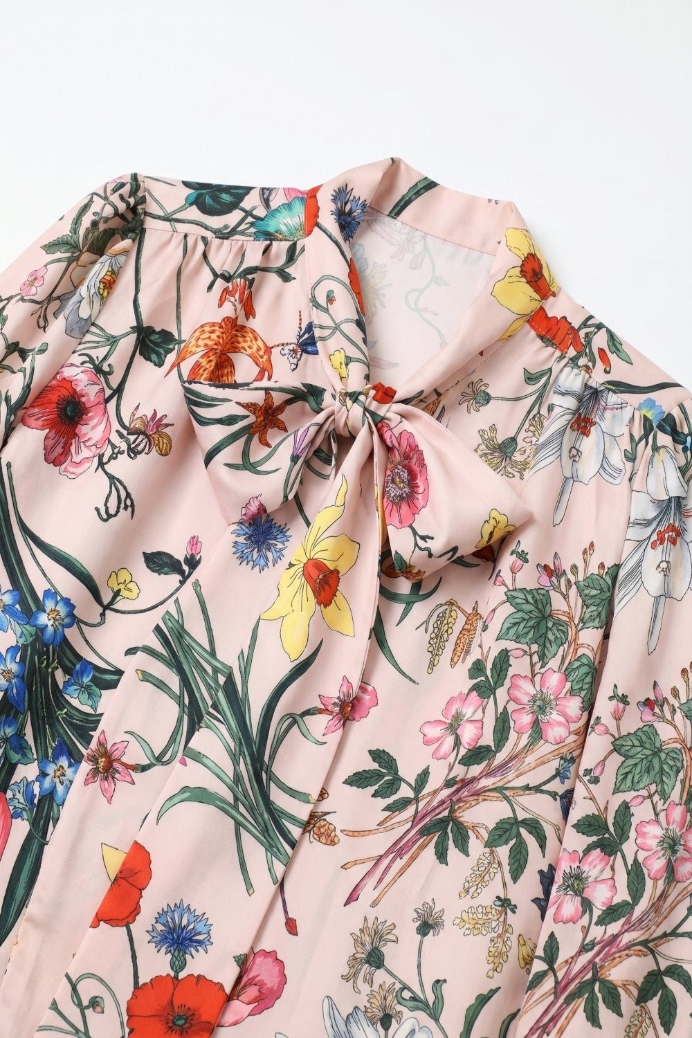 UNIKCOSA Light Pink Floral Print Satin Pussy Bow Long Sleeve Blouse
