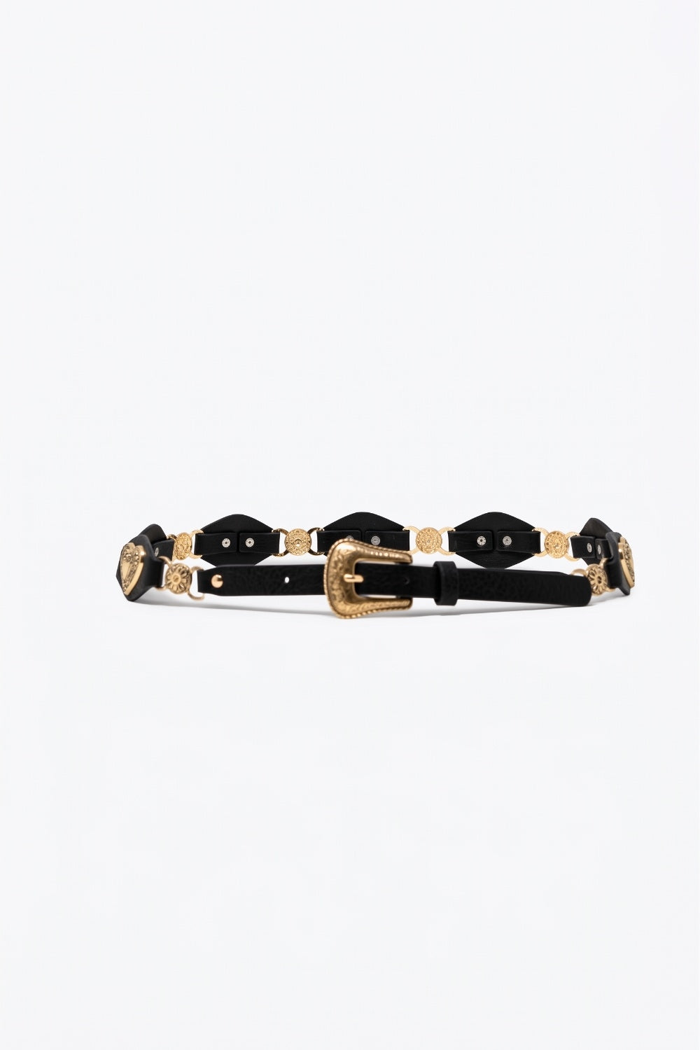 UNIKCOSA Black Faux Leather Heart Embellished Western Buckle Detail Belt
