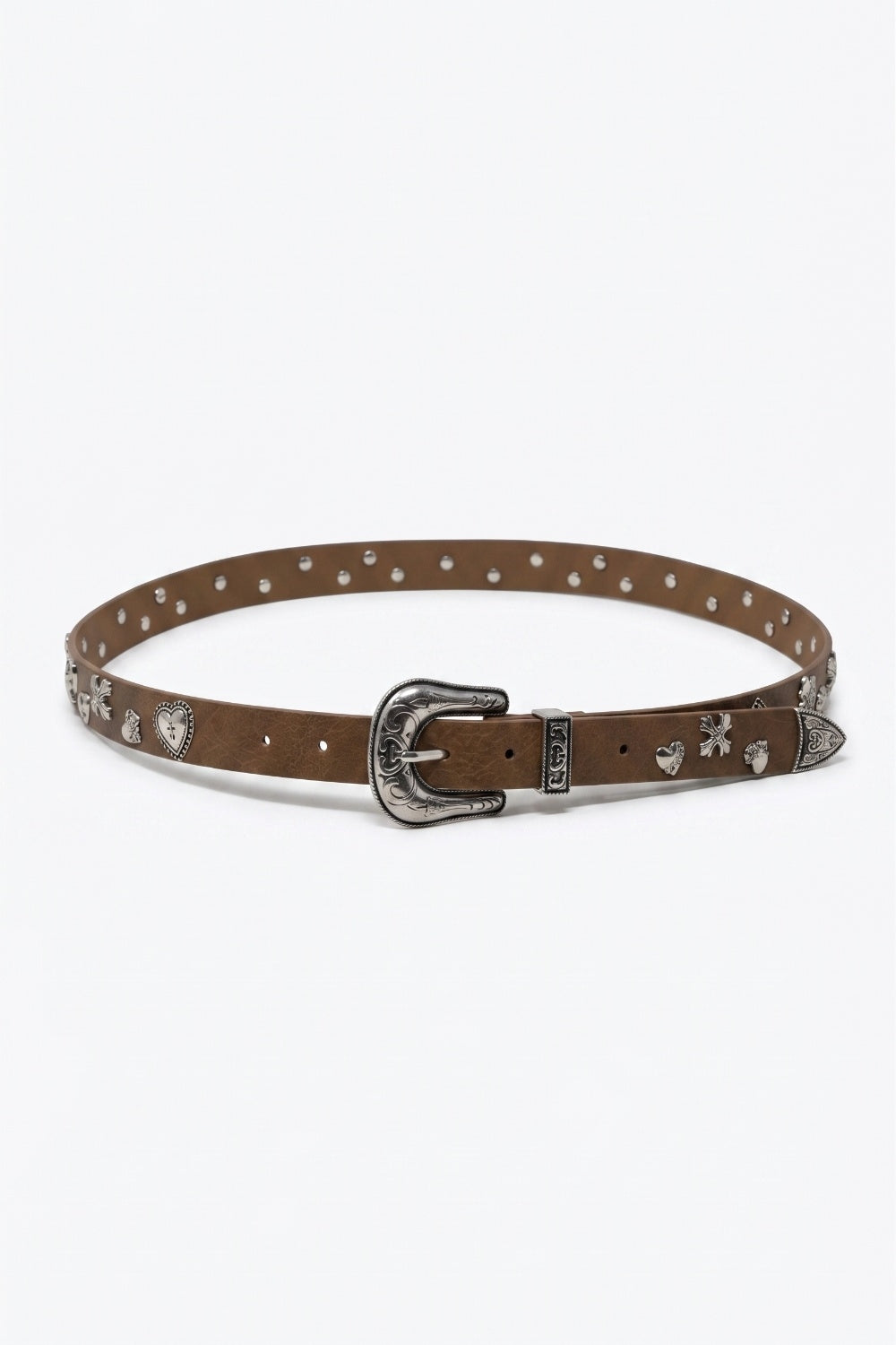 UNIKCOSA Camel Faux Leather Western Buckle Silver Stud Trim Belt