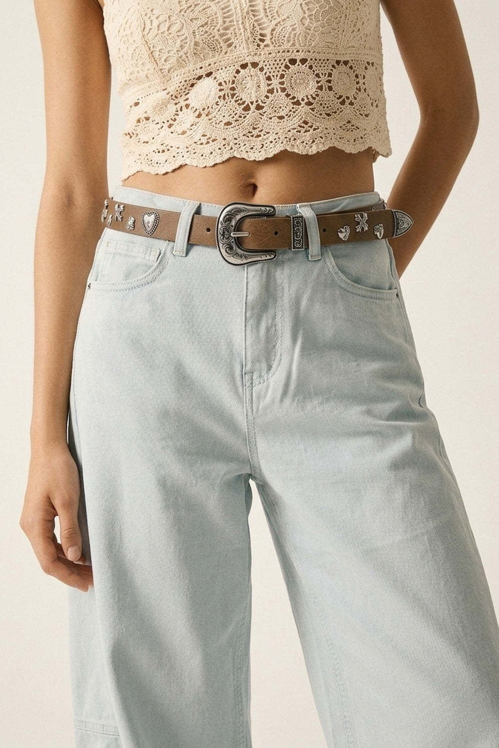 UNIKCOSA Camel Faux Leather Western Buckle Silver Stud Trim Belt