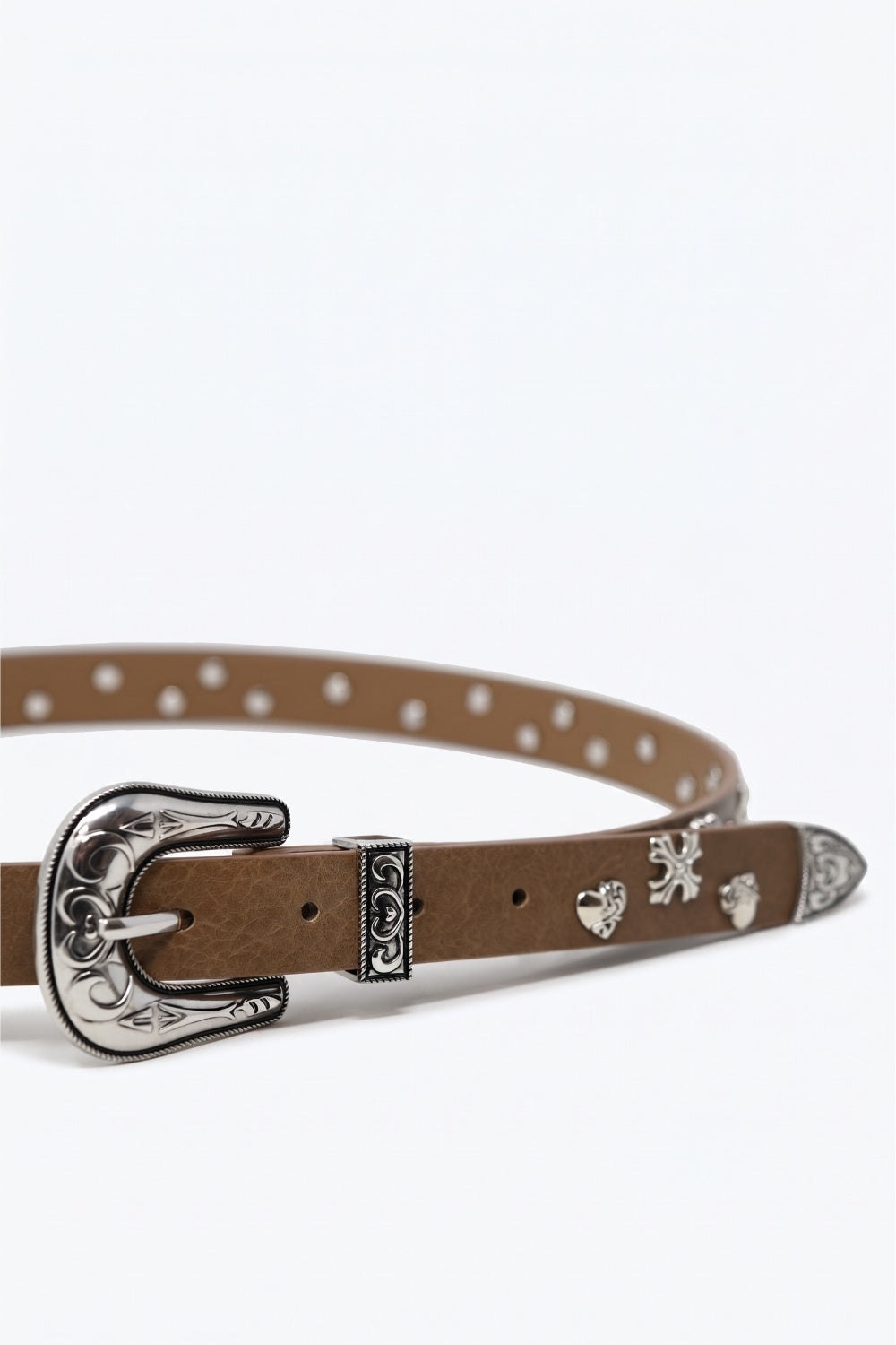 UNIKCOSA Camel Faux Leather Western Buckle Silver Stud Trim Belt