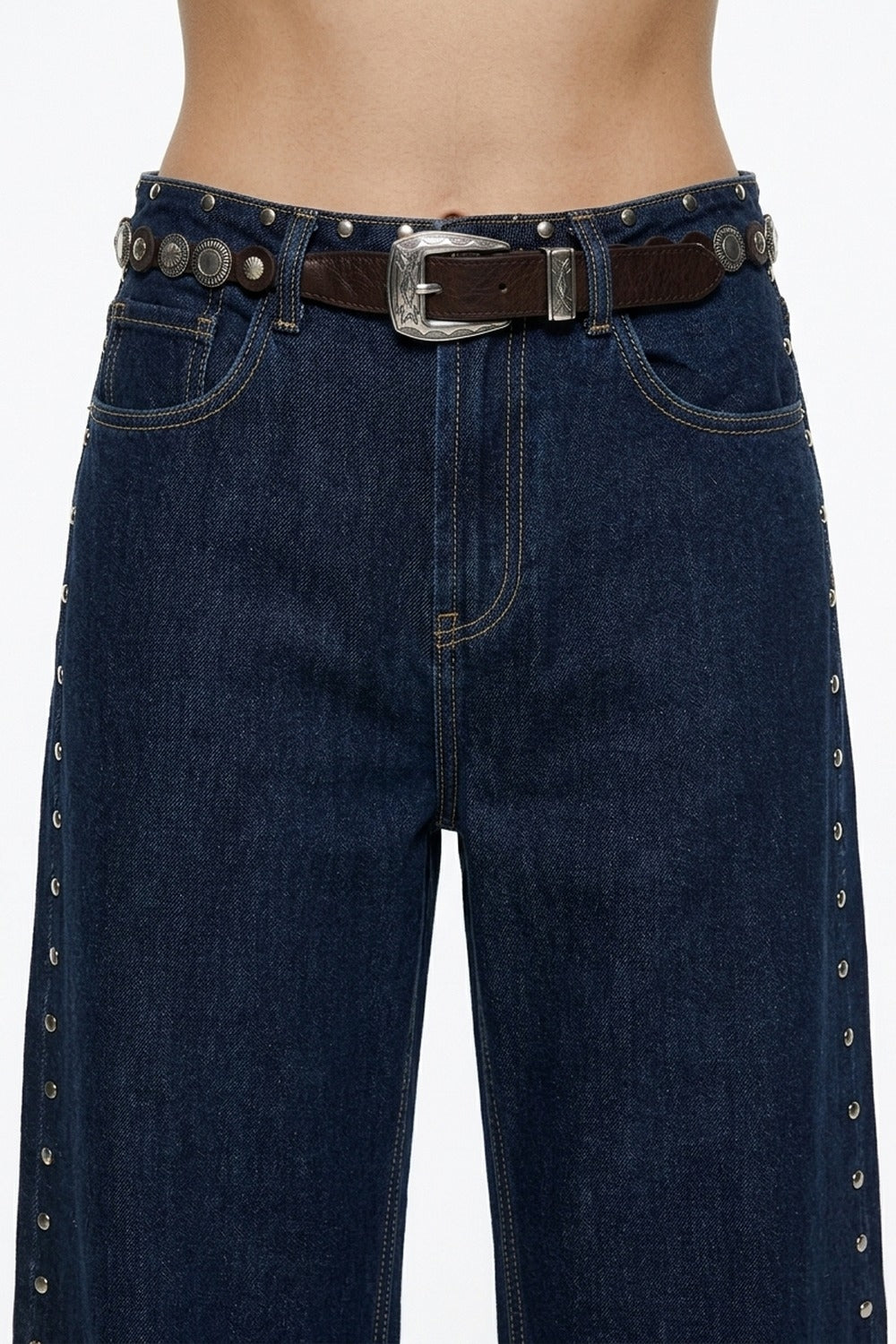UNIKCOSA Brown Studded Grommet Slim Western Belt