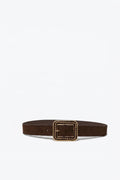 UNIKCOSA Brown Suede Finish Gold Studded Square Buckle Waist Belt