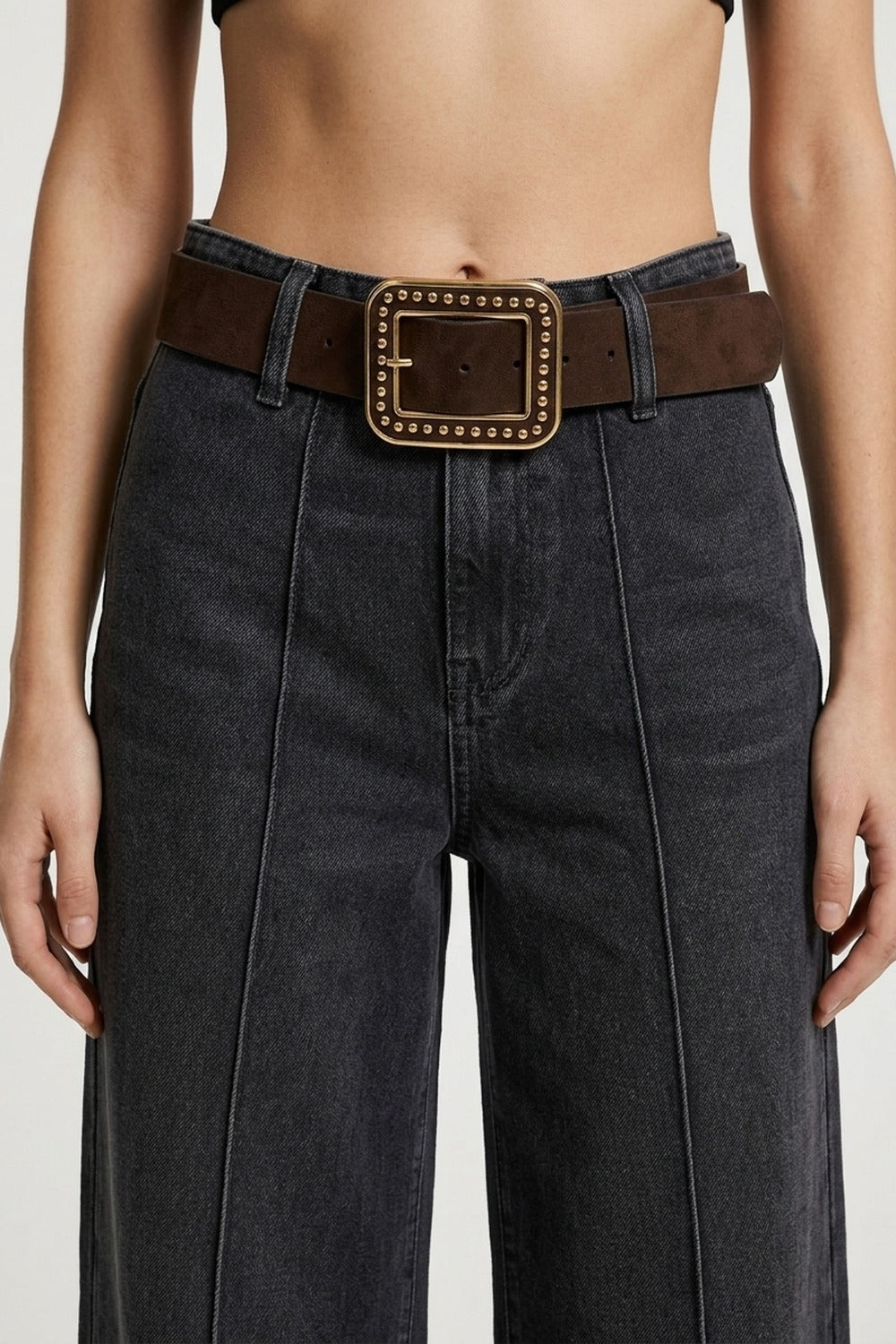 UNIKCOSA Brown Suede Finish Gold Studded Square Buckle Waist Belt