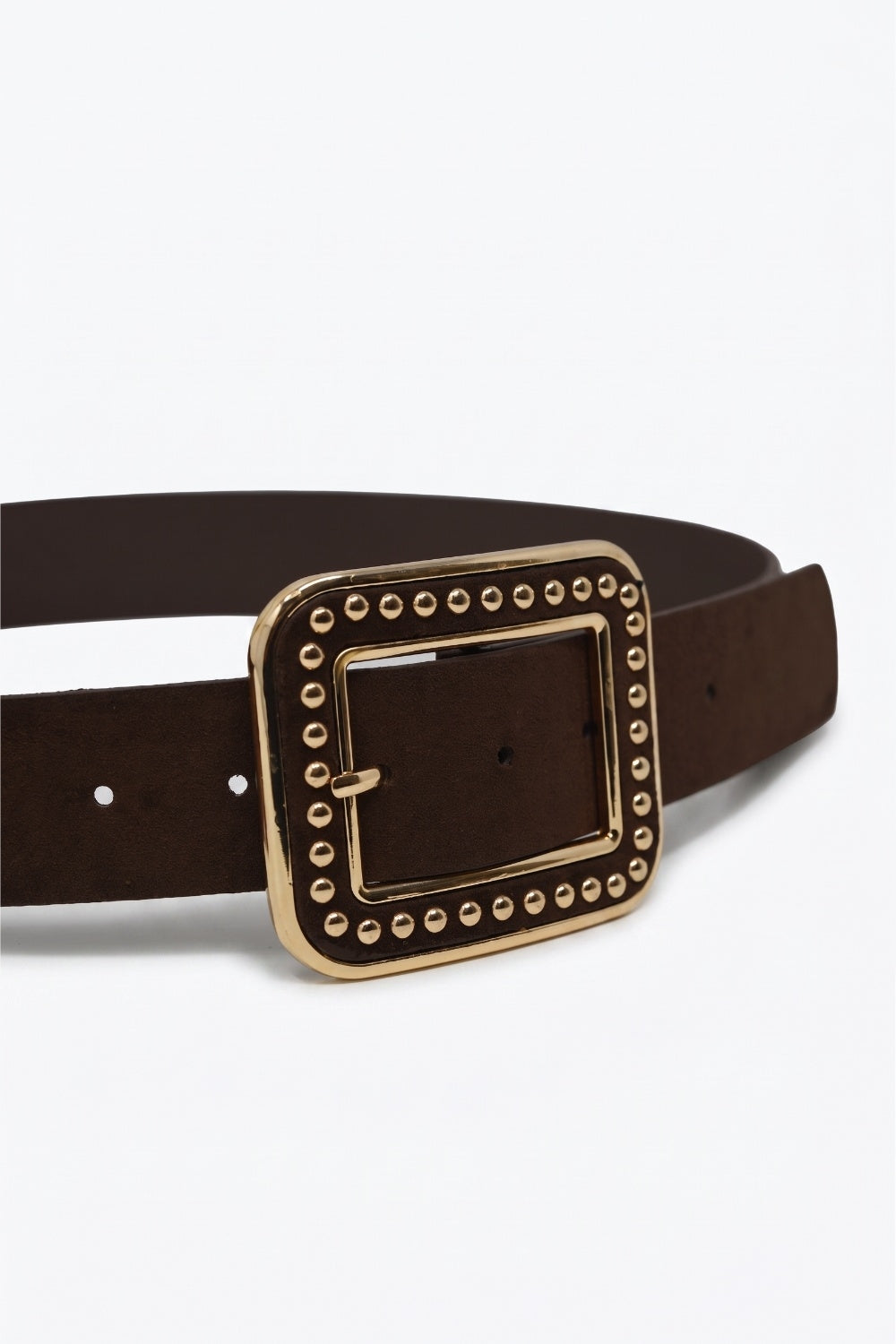 UNIKCOSA Brown Suede Finish Gold Studded Square Buckle Waist Belt