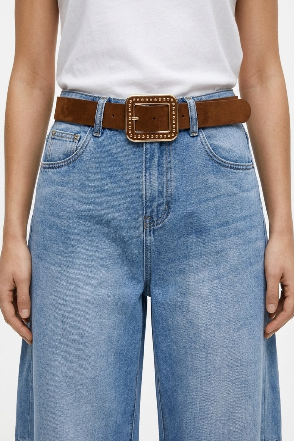 UNIKCOSA Camel Studded Square-Buckle Wide Belt