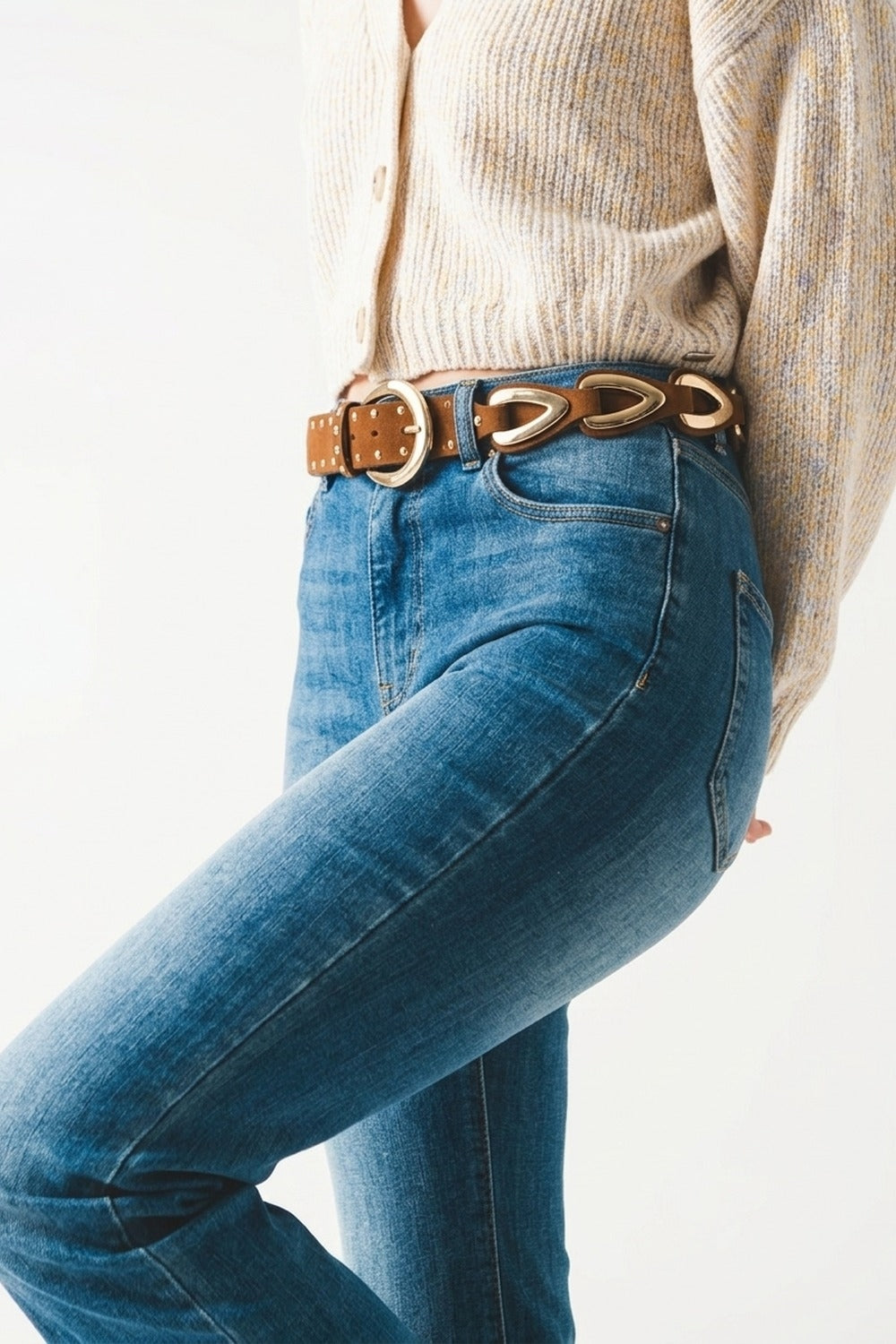 UNIKCOSA Brown Faux Leather Studded Western Buckle Detail Waist Belt