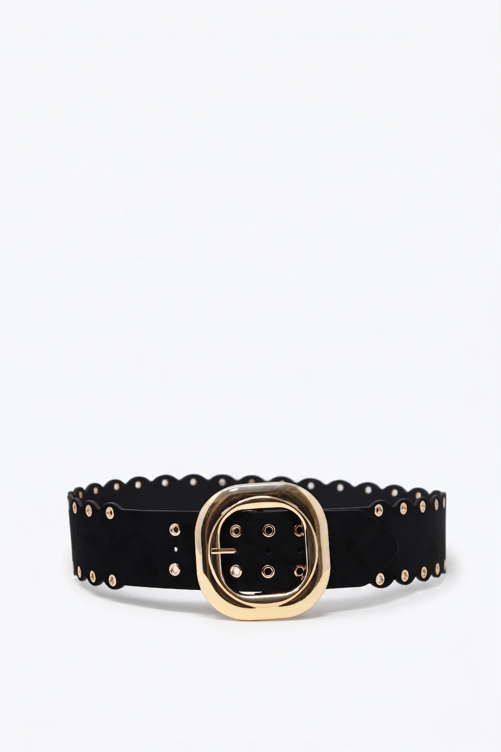 UNIKCOSA Black Faux Leather Gold Buckle Eyelet Scallop Edge Belt
