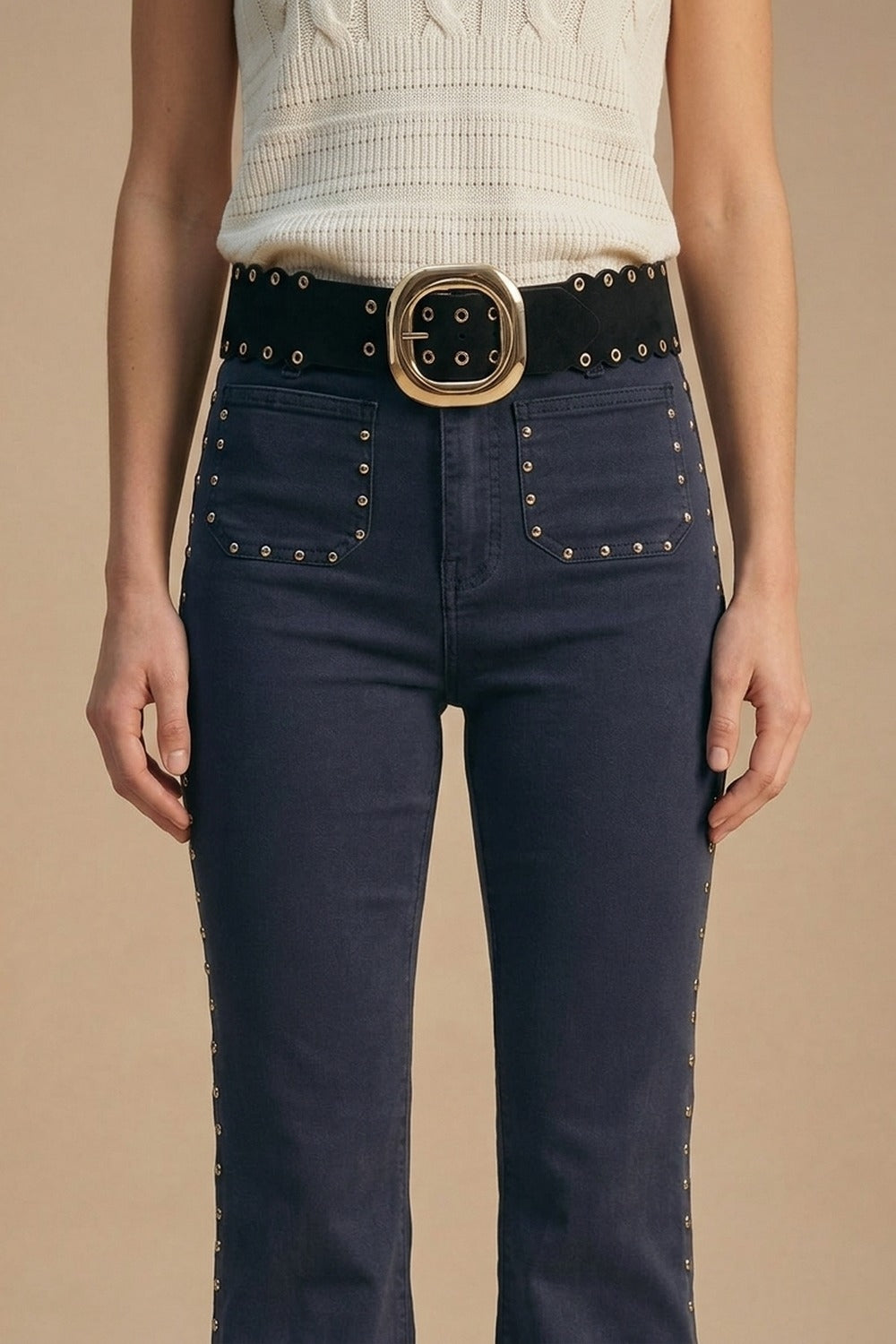UNIKCOSA Black Faux Leather Gold Buckle Eyelet Scallop Edge Belt
