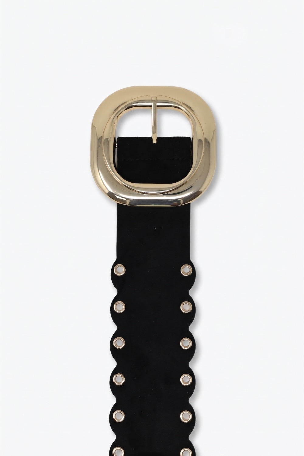 UNIKCOSA Black Faux Leather Gold Buckle Eyelet Scallop Edge Belt