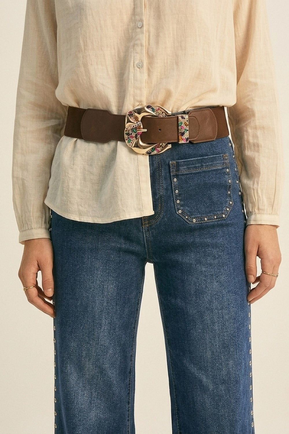 UNIKCOSA Chocolate Gold Floral-Buckle Wide Waist Belt
