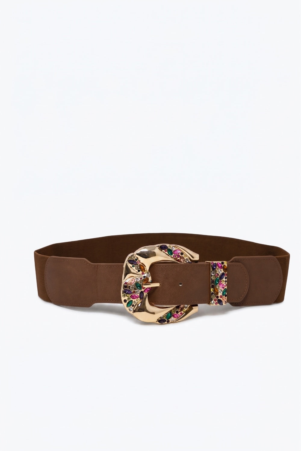 UNIKCOSA Brown Faux Leather Gold Multicolor Embellished Buckle Wide Belt