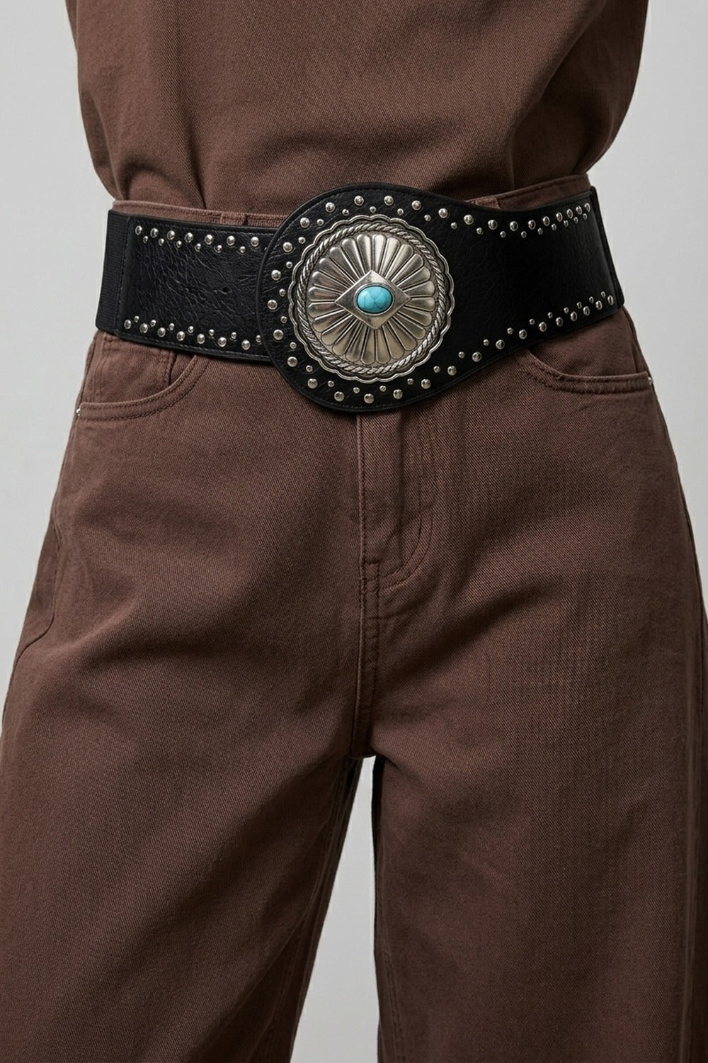 UNIKCOSA Black Studded Turquoise Concho Wide Belt