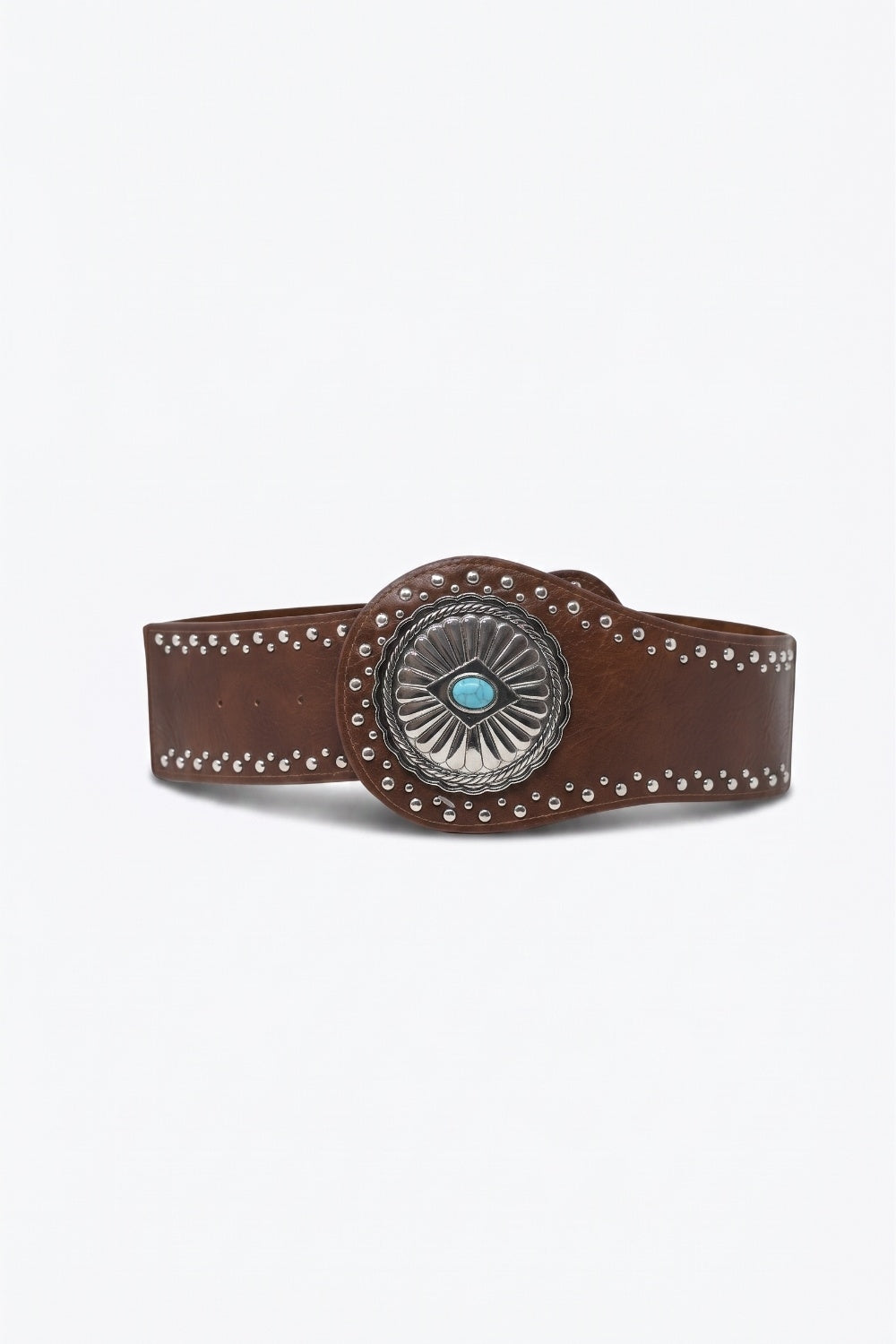 UNIKCOSA Brown Faux Leather Silver Studded Turquoise Buckle Wide Belt