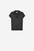 Black Fine Knit Polo Collar Rib Hem Regular Fit Top