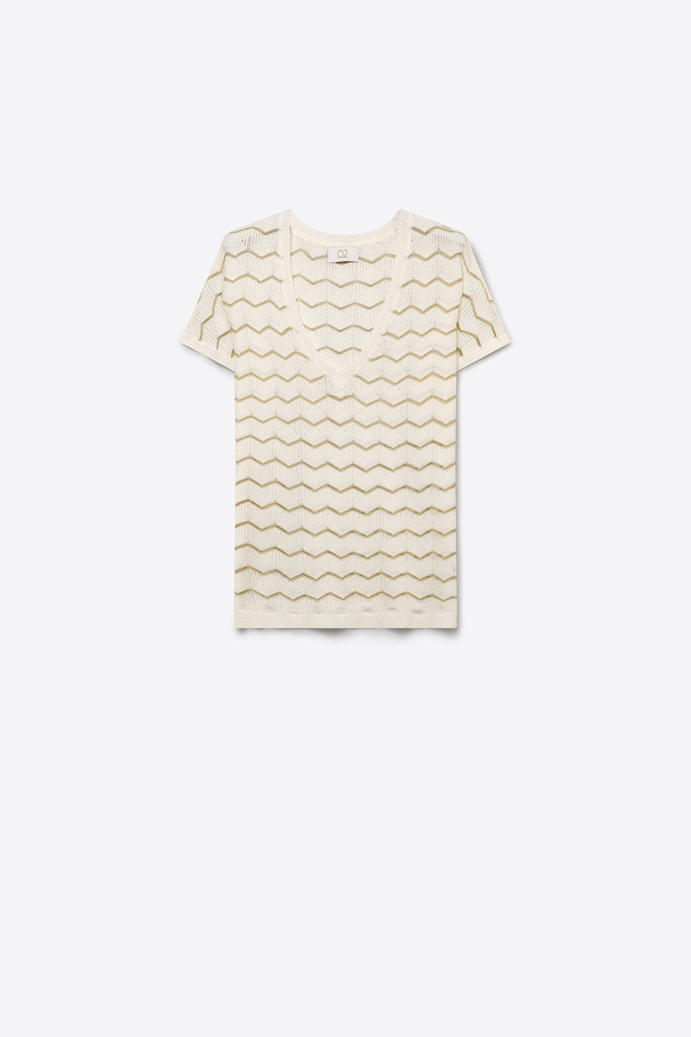 white Geo Knit V-Neck Short Sleeve Regular Fit Top