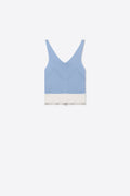 Light Blue Ribbed Knit Contrast Hem V-Neck Cropped Tank Top
