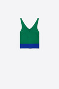 Green Color-Block Ribbed Knit V-Neck Cropped Tank Top