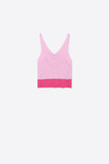Light Pink Ribbed Knit Contrast Hem V-Neck Cropped Tank Top