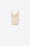Beige Stripe Ribbed Knit V-Neck Fitted Tank Top