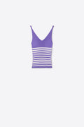 Lilac Stripe Ribbed Knit V-Neck Cropped Tank Top