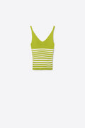 Green White Stripe Ribbed Knit V-Neck Fitted Tank Top