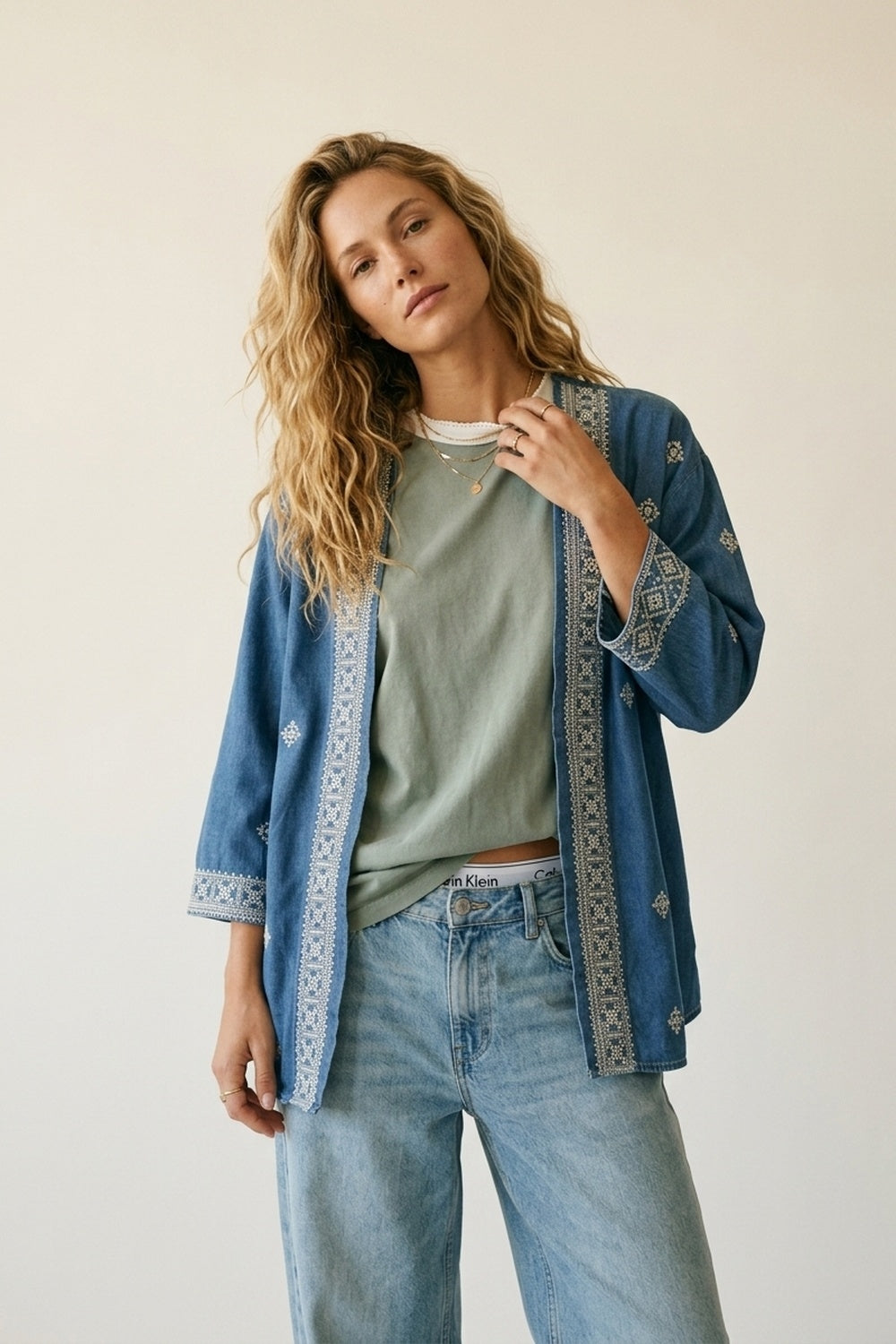 UNIKCOSA Blue Embroidered Open-Front Kimono with White Trim