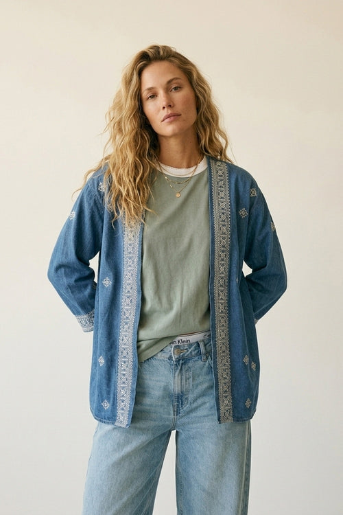 UNIKCOSA Blue Embroidered Open-Front Kimono with White Trim