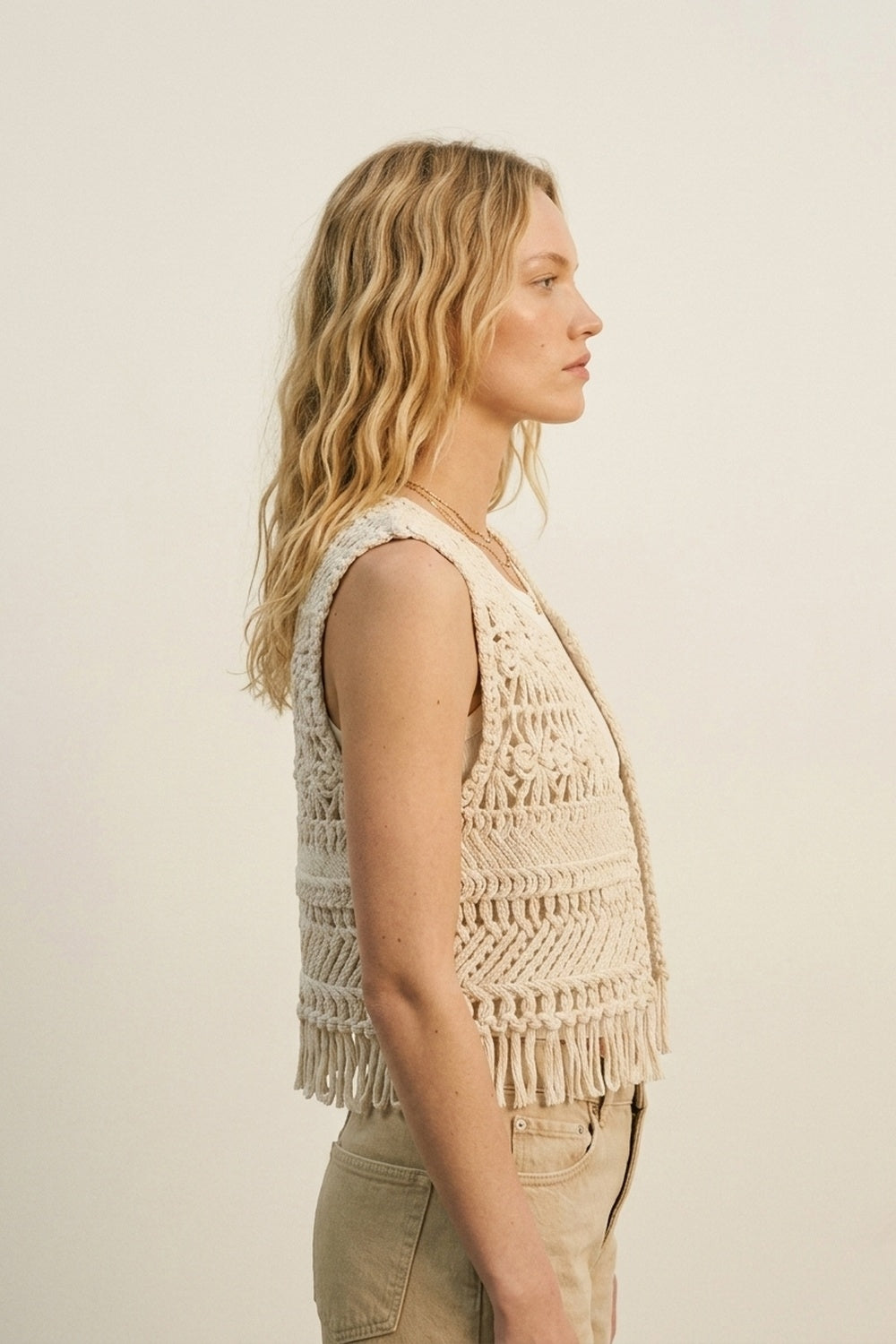 Cropped Fringe Open-Knit Vest