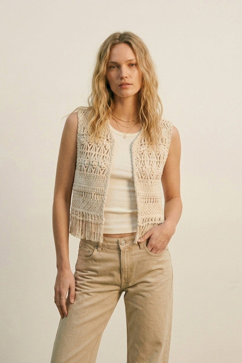 Cropped Fringe Open-Knit Vest