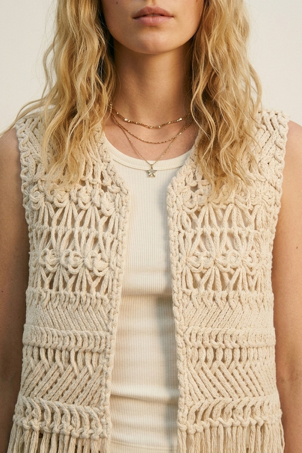 Cropped Fringe Open-Knit Vest
