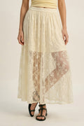 Cream Floral Lace fabric Maxi Skirt with Elastic Waist