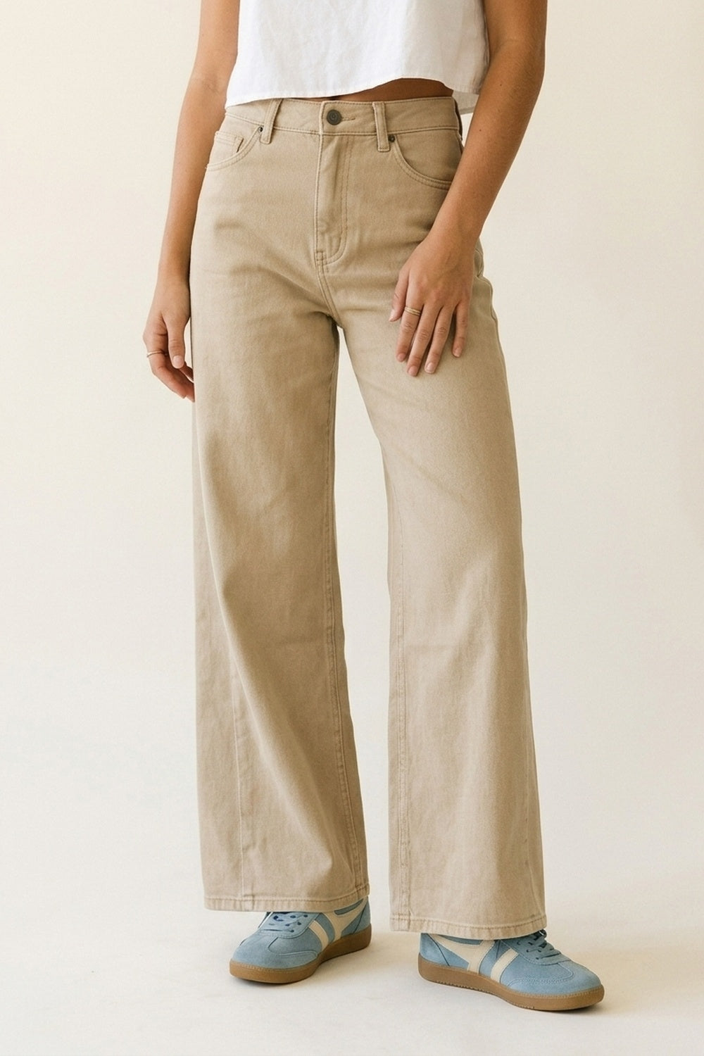 UNIKCOSA Beige Wide-Leg Casual Cotton Pants with 5 pockets