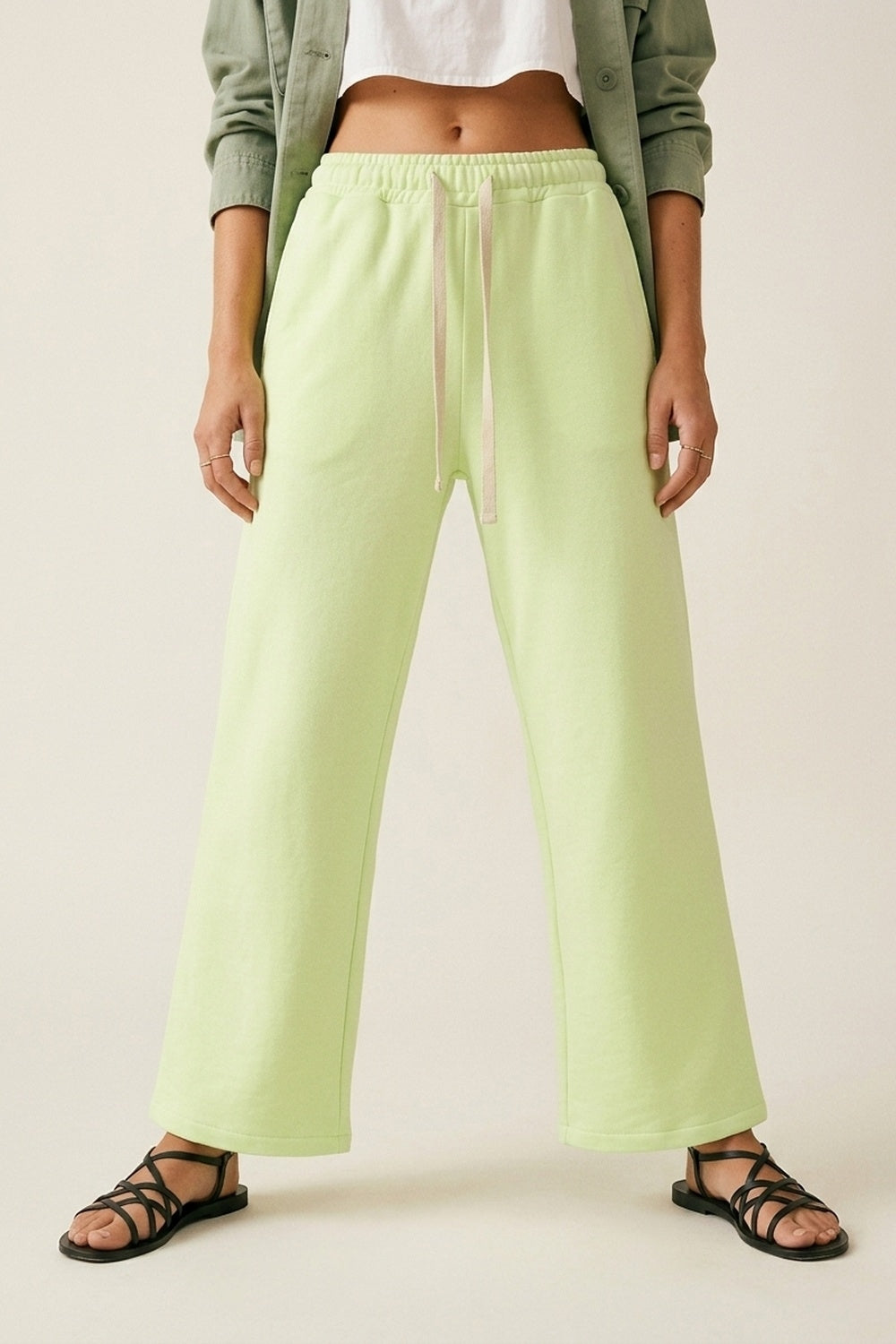 Green Knit Straiht Fit Sweatpants with elastic waist and Tie