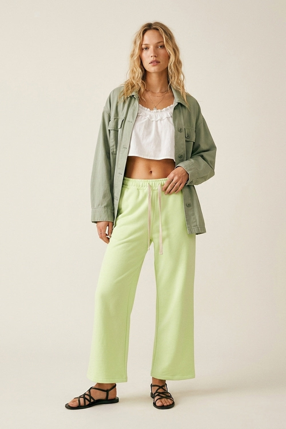 Green Knit Straiht Fit Sweatpants with elastic waist and Tie