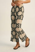 Black & Cream Crochet Patchwork flare-Leg Pants with Floral Motif
