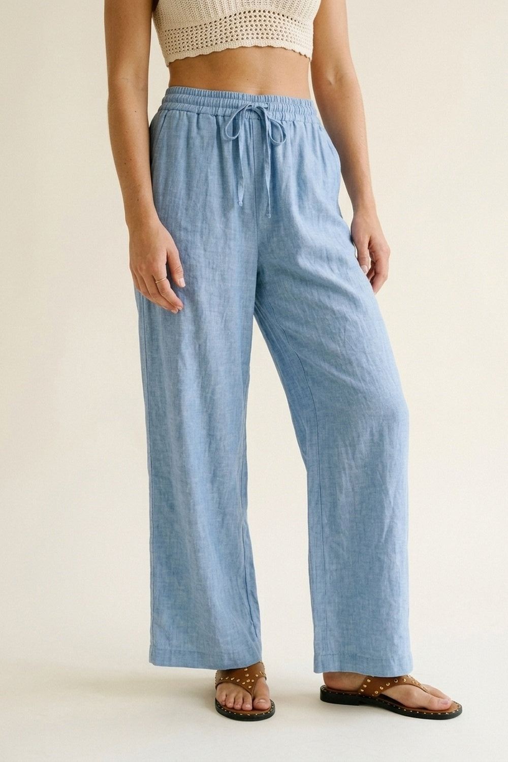 Light Blue Lightweight Crinkled Wide-Leg Pants with Elastic Waist