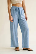 Light Blue Lightweight Crinkled Wide-Leg Pants with Elastic Waist