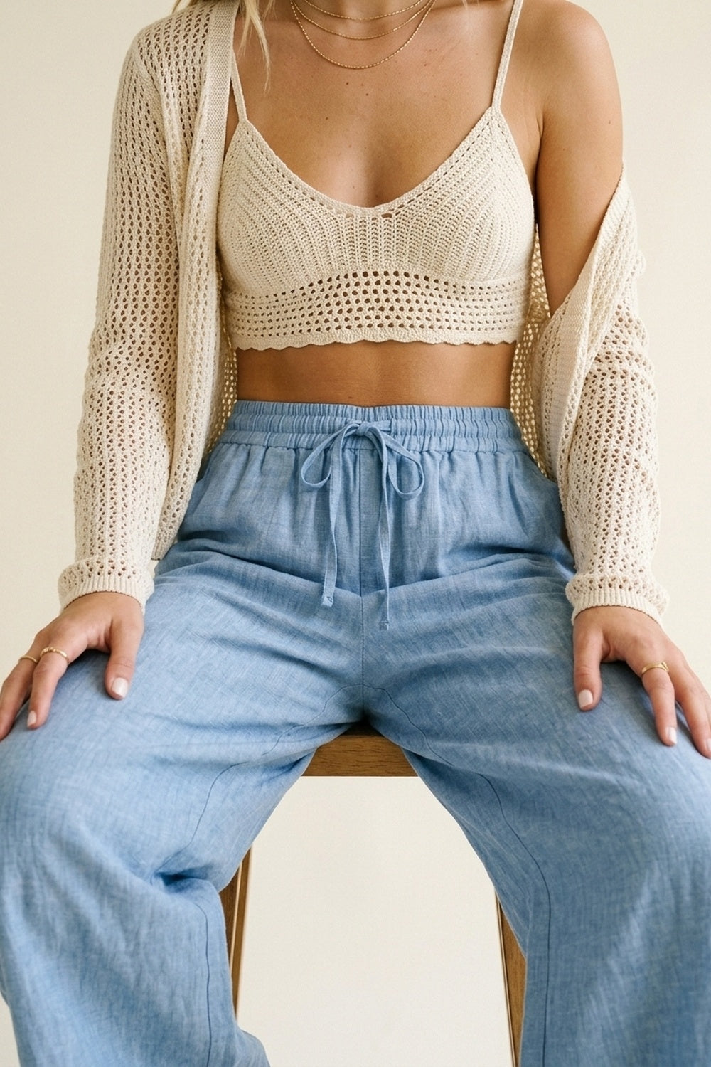 Light Blue Lightweight Crinkled Wide-Leg Pants with Elastic Waist