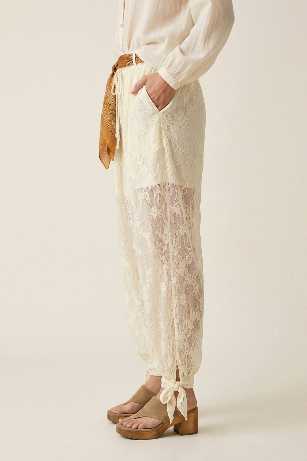 Cream Floral Lace Sheer Tie Hem Relaxed Fit Pants