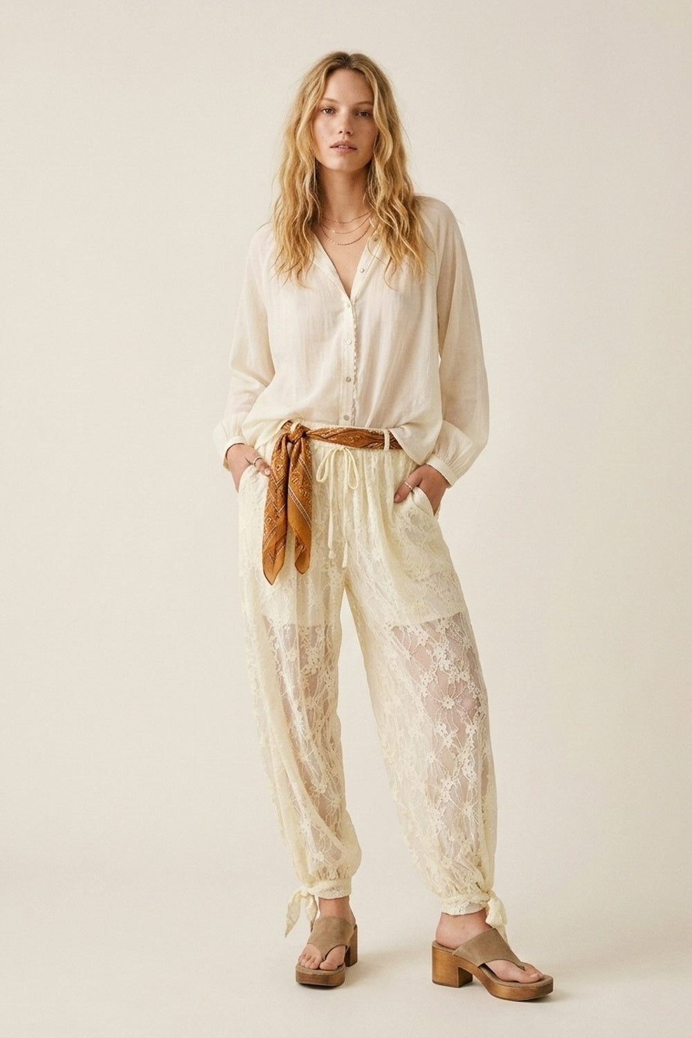 Cream Floral Lace Sheer Tie Hem Relaxed Fit Pants