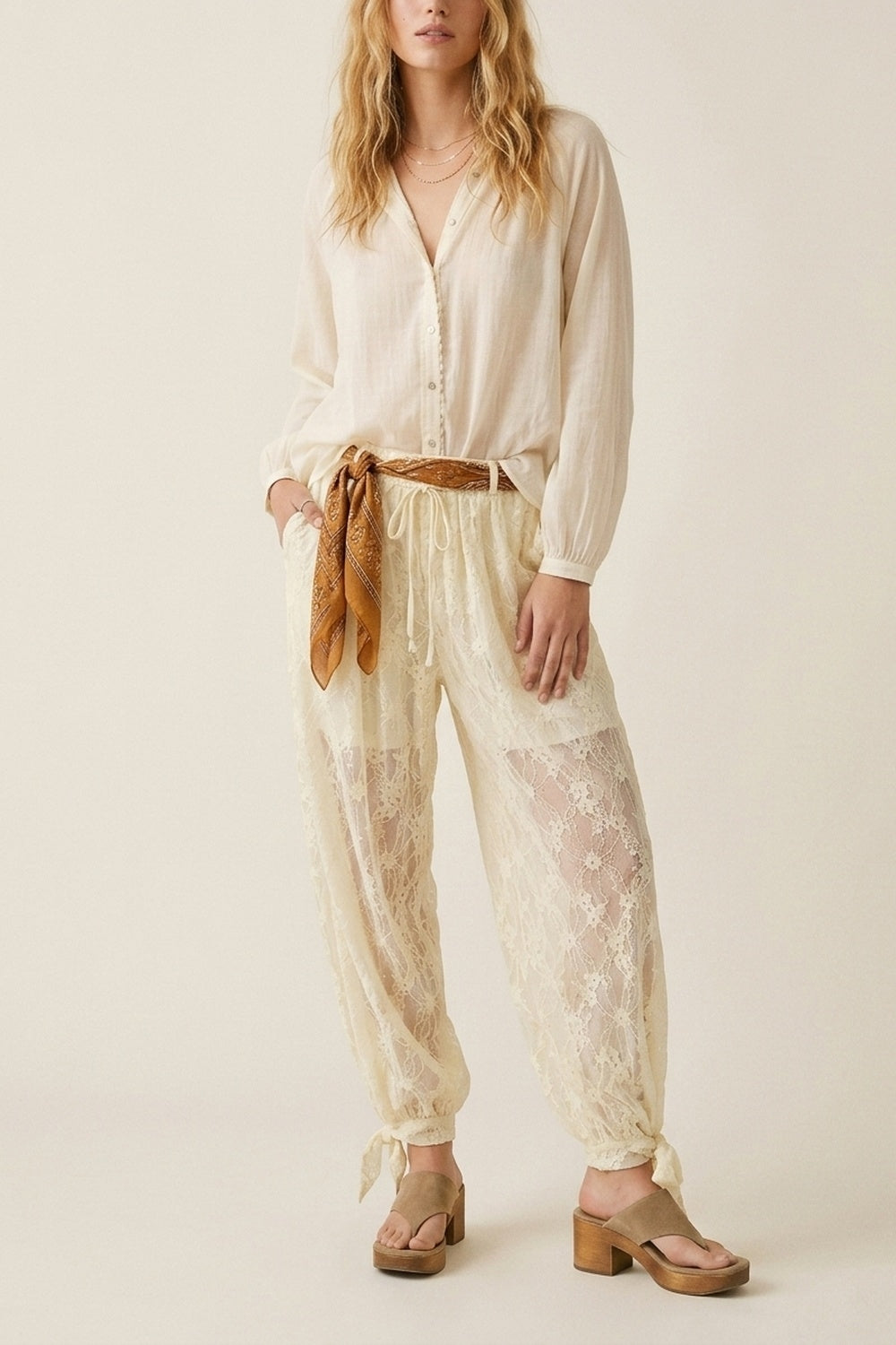 Cream Floral Lace Sheer Tie Hem Relaxed Fit Pants