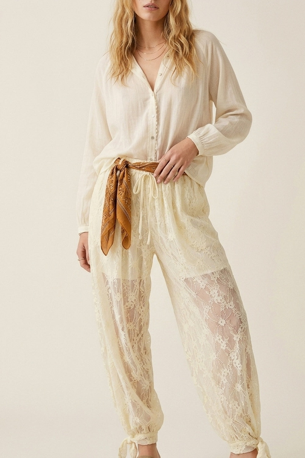 Cream Floral Lace Sheer Tie Hem Relaxed Fit Pants
