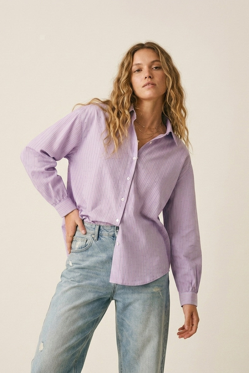 Lilac Stripe Lightweight shirt with embellished with strass
