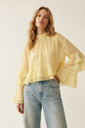 Yellow Chiffon Ruffle Tiered Flared Sleeve High Neck Blouse Top