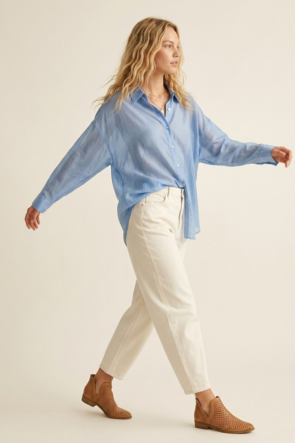Sheer Sky Blue Button-Down Shirt with Relaxed Fit