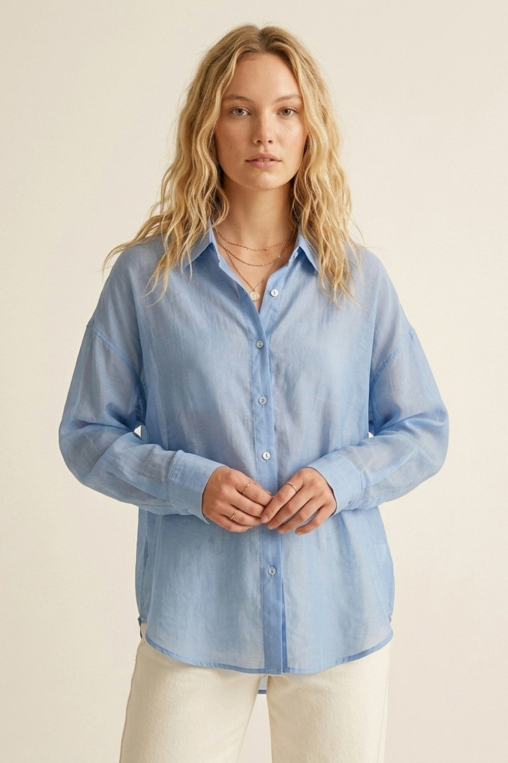 Sheer Sky Blue Button-Down Shirt with Relaxed Fit